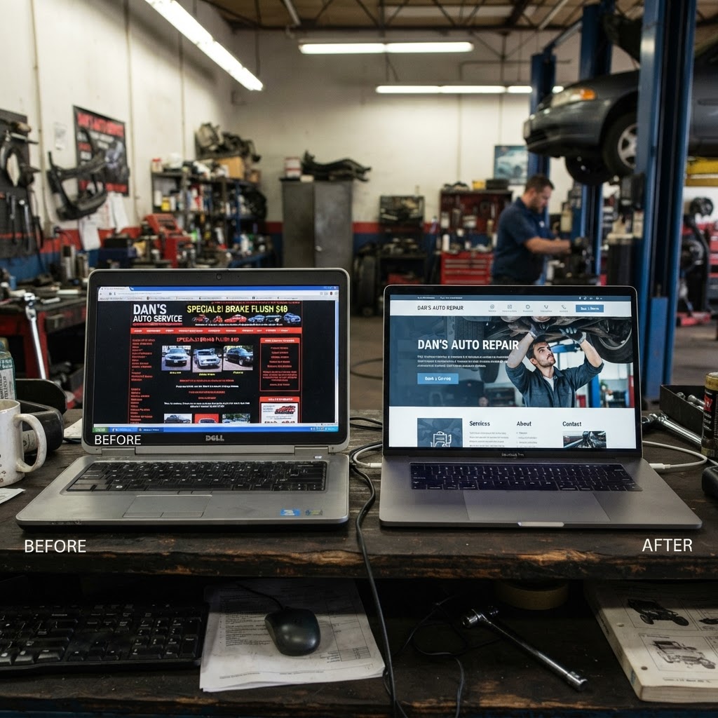 kamloops-web-design-before-after.webp Before and after example of a professionally designed auto repair shop website in Kamloops