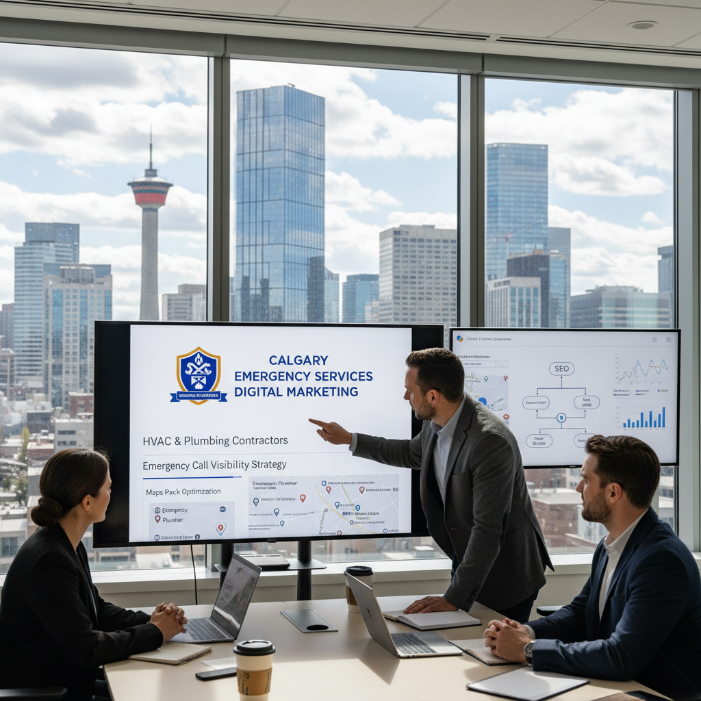 Calgary skyline with service businesses — Burden Marketing provides Calgary SEO services for contractors and professional services companies across every quadrant of the city