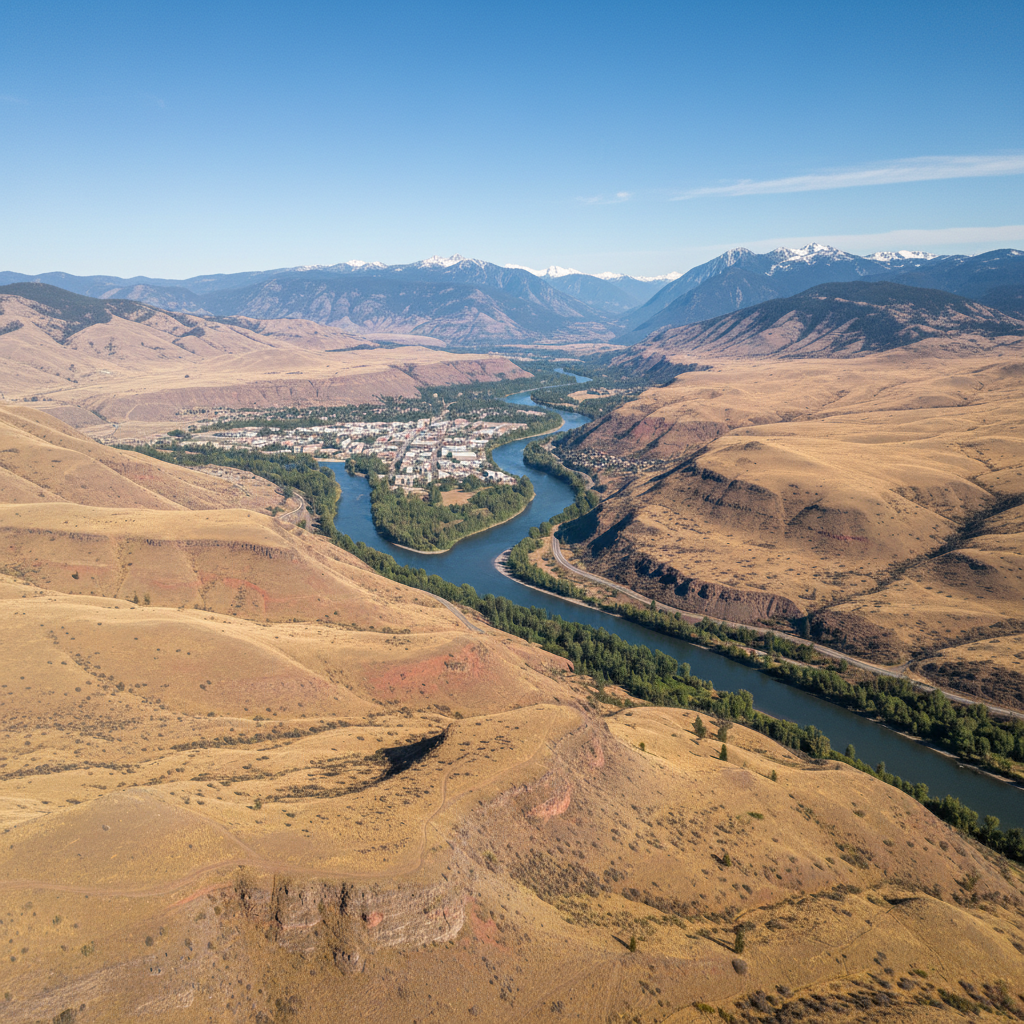 SEO Kamloops Thompson River confluence with the city built across desert hills and pine forests — representing BC's Interior crossroads city where a vast regional catchment drives outsized local search demand for Kamloops businesses