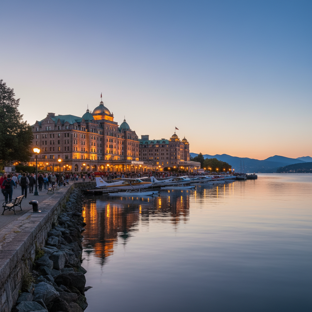 Victoria BC Inner Harbour at dusk — Burden Marketing provides SEO services in Victoria, British Columbia for businesses serving residents and visitors