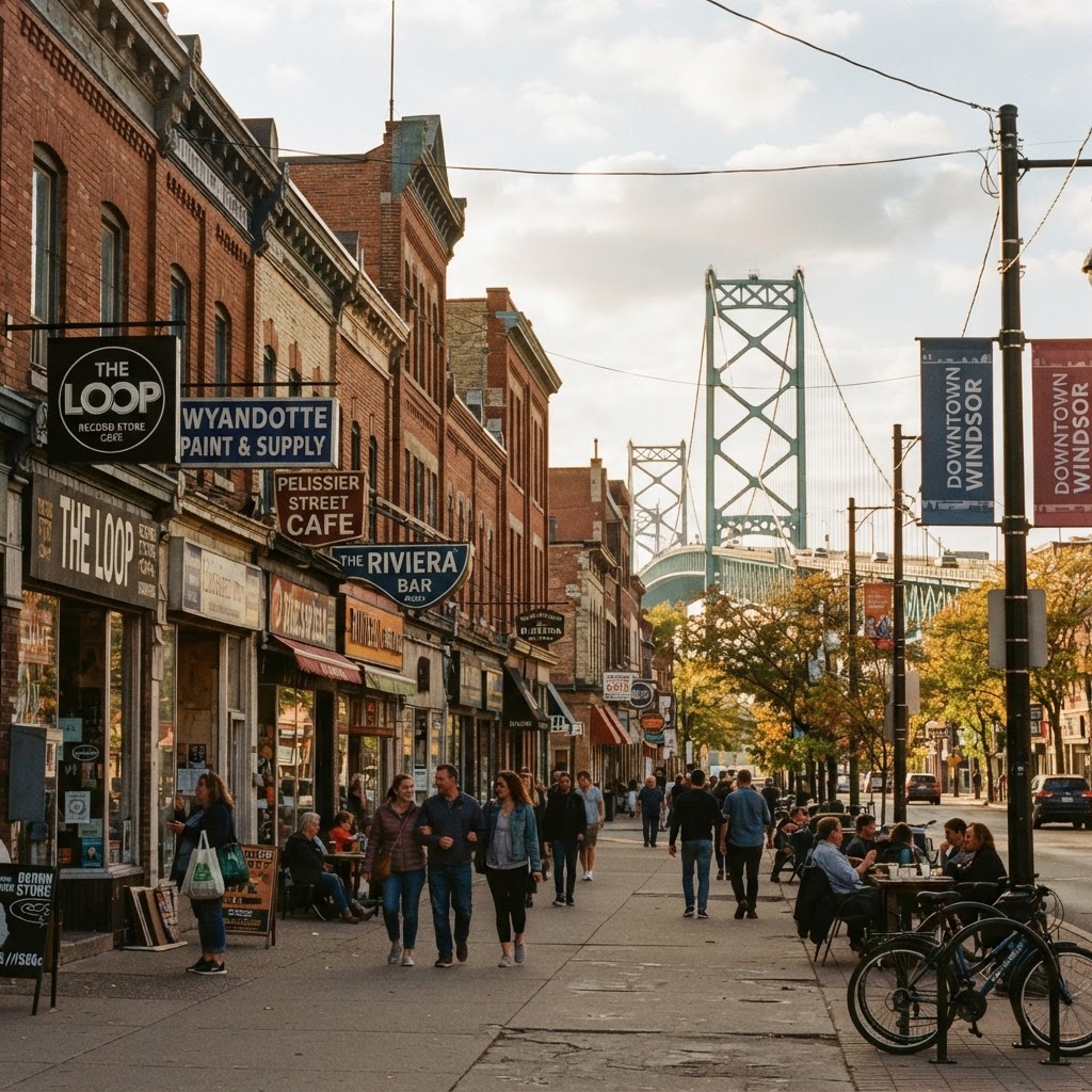 Downtown Windsor Ontario commercial street with historic storefronts and small businesses, the Ambassador Bridge visible in the distance — representing the border-city relationship economy where referrals are validated online before the call