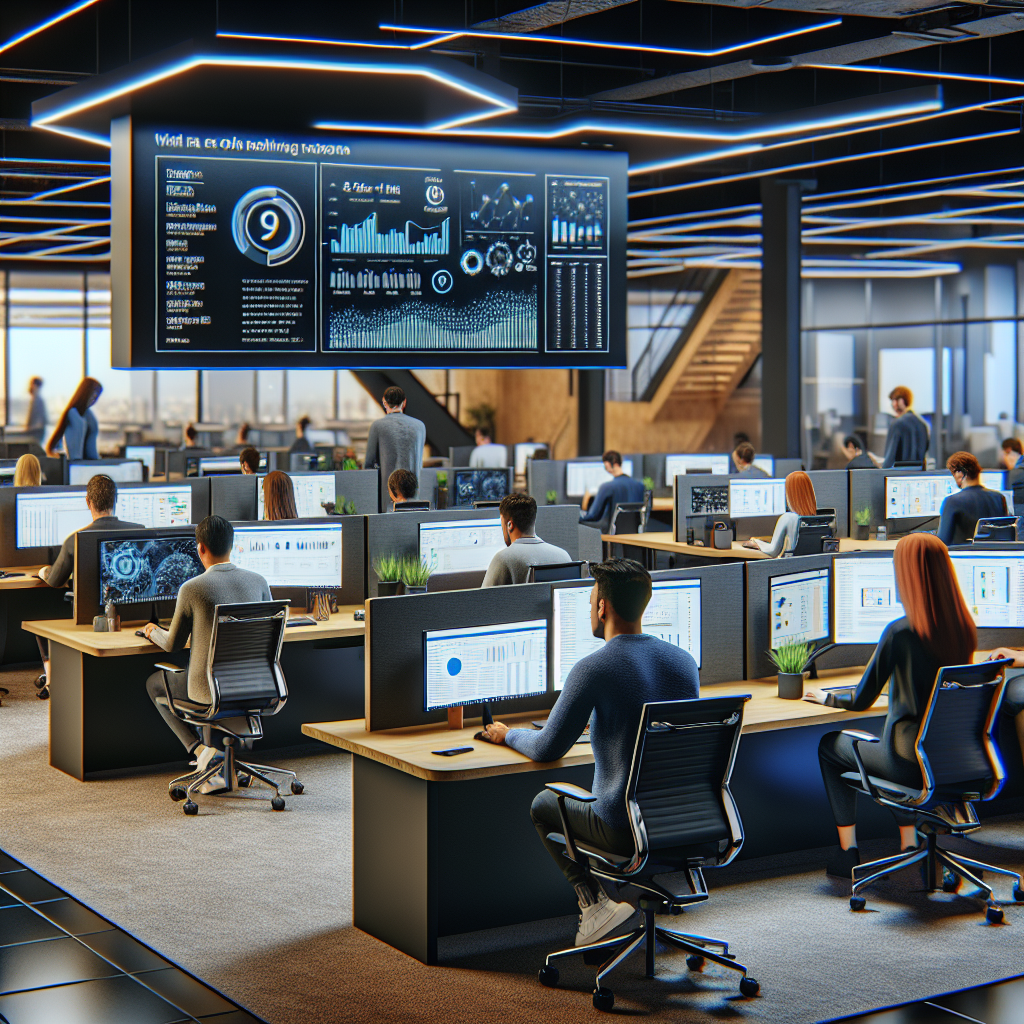 SEO Ottawa Kanata tech office with developers working at standing desks and an AI search citation dashboard on a monitor — representing Ottawa technology corridor businesses that need sophisticated SEO to reach a research-oriented audience