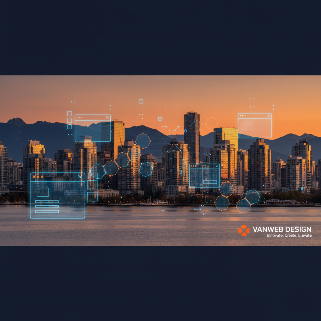 Web design Vancouver BC — modern Vancouver skyline with UI wireframe overlays, professional website design for local businesses