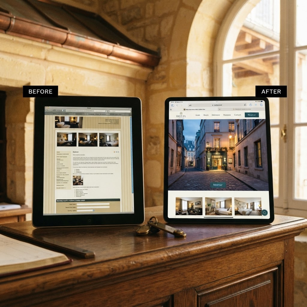 Before and after example of a professionally designed hotel website in Quebec City