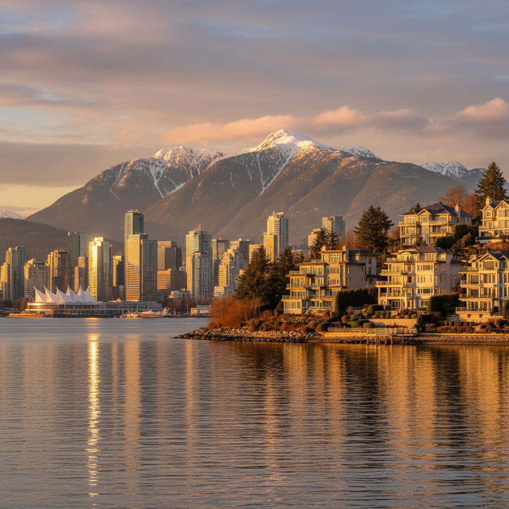 SEO North Vancouver Lions Gate Bridge and the North Shore mountains with Lonsdale Quay and the waterfront — representing the affluent, outdoors-oriented community where high-income buyers research extensively before choosing local service businesses