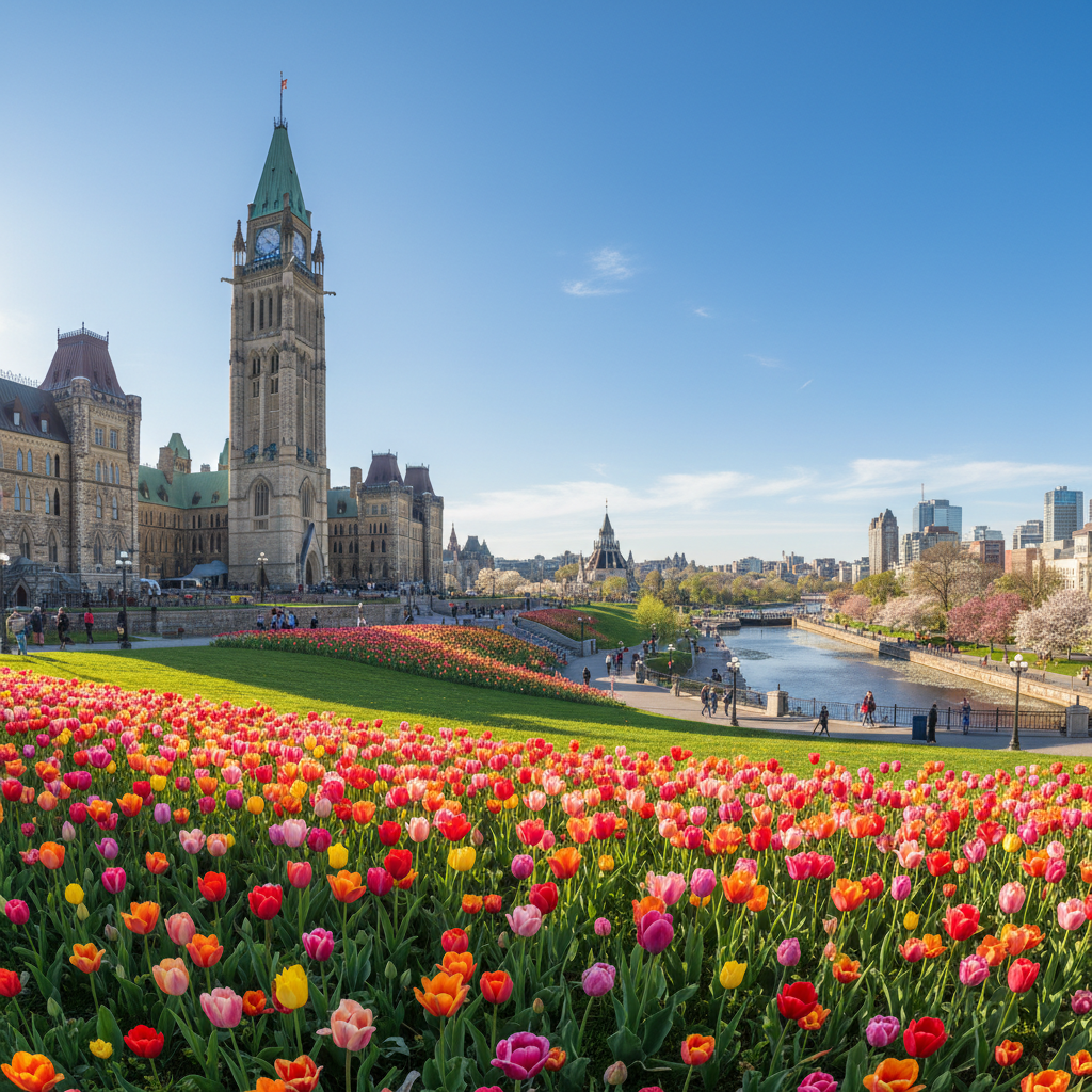 Digital marketing services for Ottawa businesses — Parliament Hill Peace Tower with tulips and Rideau Canal