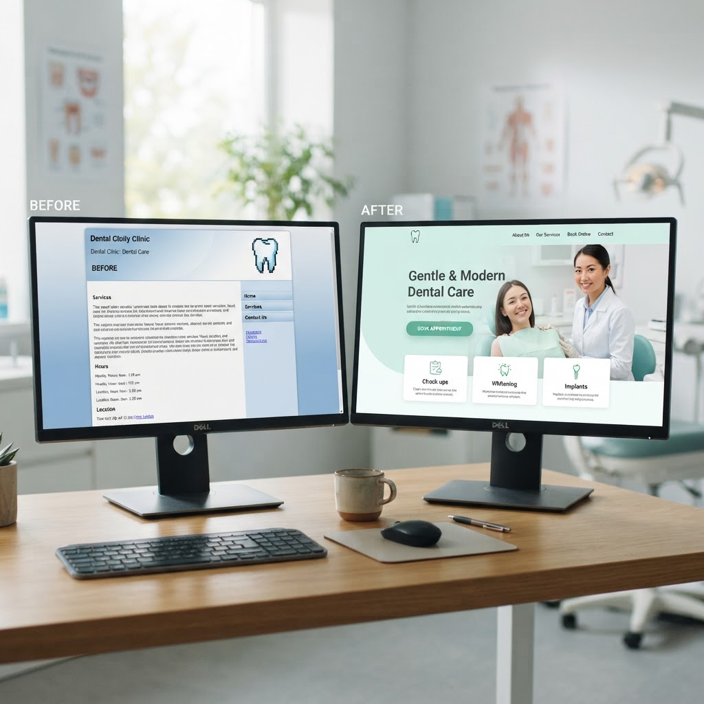 Before and after example of a professionally designed dental clinic website in Burnaby