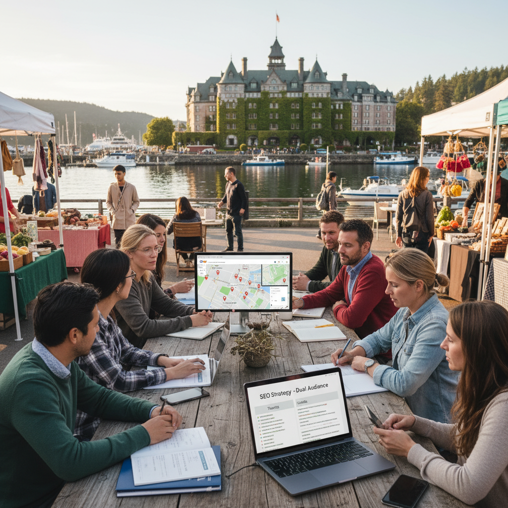 Victoria BC island market digital marketing strategy with tourist and local business owners reviewing dual-audience SEO, Inner Harbour waterfront visible, Maps visibility consultation