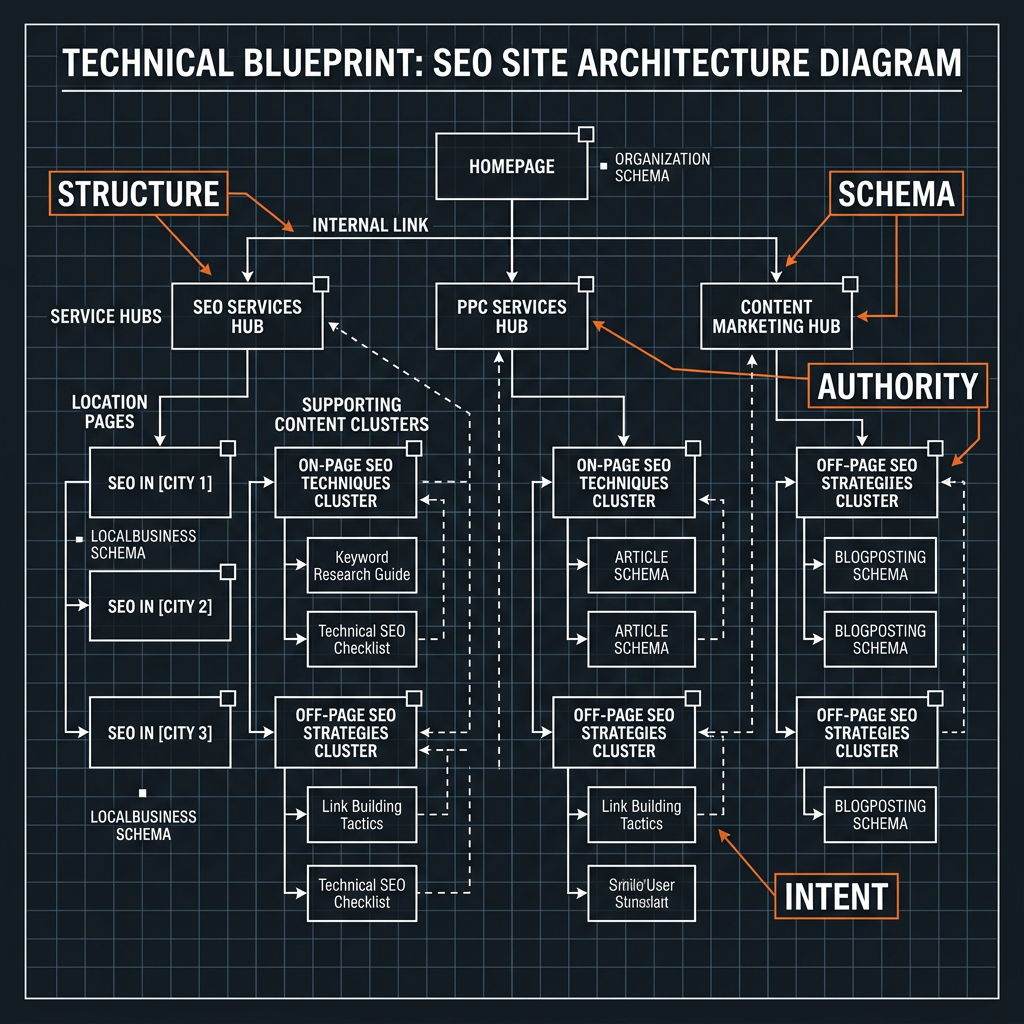 Blueprint-style diagram of modern SEO site architecture showing service hubs, location pages, and schema-linked content clusters
