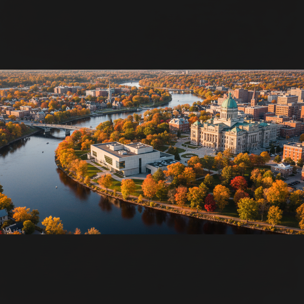 SEO Fredericton NB Legislative Assembly Building on the Saint John River at autumn — representing the bilingual capital city economy where government, universities, and technology businesses require structured local SEO