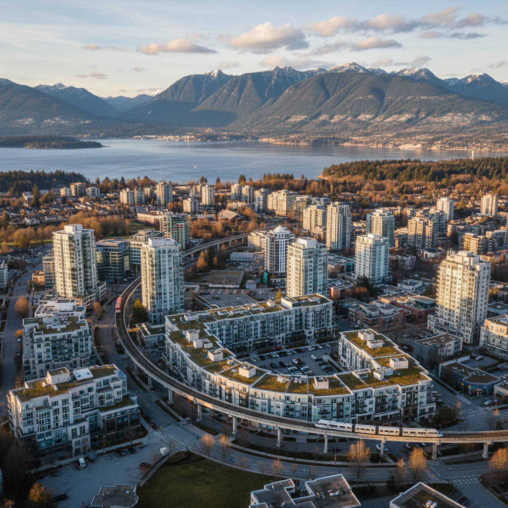 SEO Coquitlam Burke Mountain residential development with new towers and the Tri-Cities corridor spreading toward the North Shore mountains — representing the Evergreen SkyTrain growth zone where expanding population creates constant new local search demand