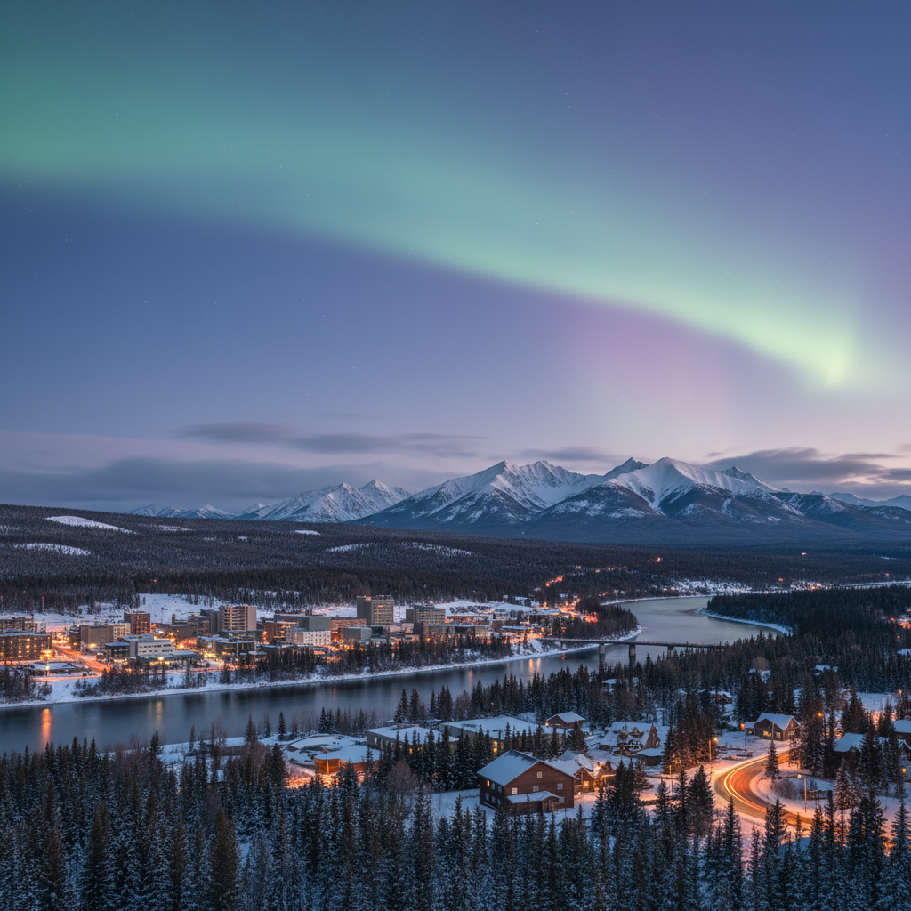 whitehorse-digital-marketing-hero.webp Digital marketing services for Whitehorse Yukon businesses — Yukon River with northern boreal forest, mountains and northern lights