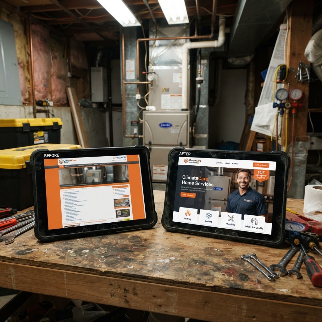Before and after example of a professionally designed HVAC company website in Edmonton