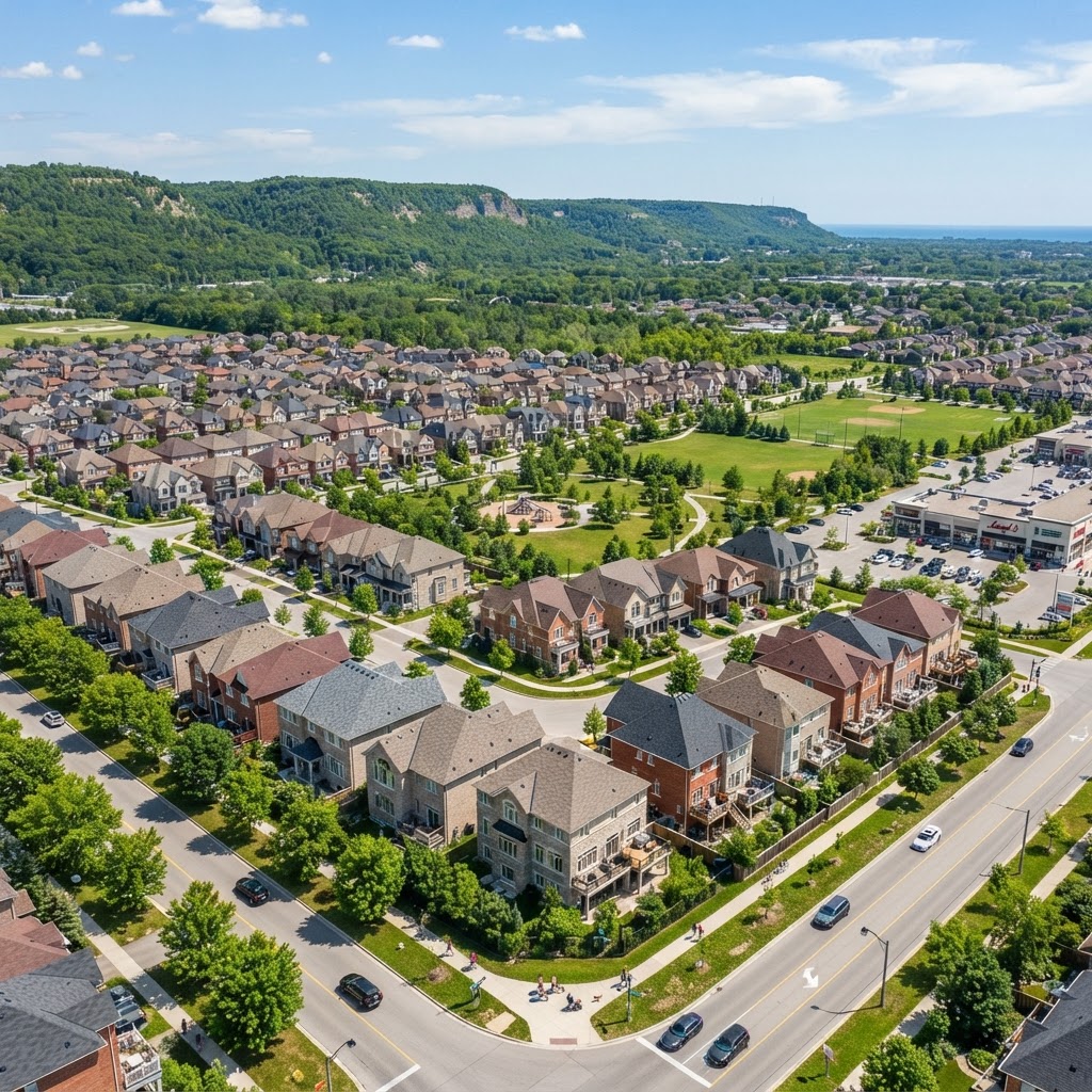 New suburban development in Burlington Ontario's north end Alton Village with modern family homes and the Niagara Escarpment in the background — representing the growing communities where new household demand creates local search opportunities across Google, Maps, and AI platforms