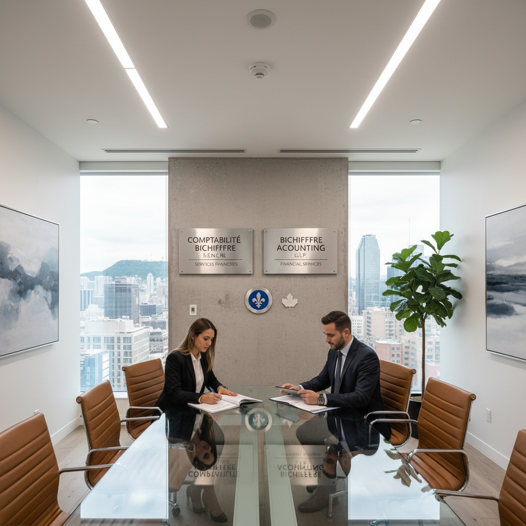 SEO Montréal bilingual accounting firm boardroom with French and English signage and professionals reviewing financial reports — representing professional services that need dual-language SEO to reach the full NCR client base
