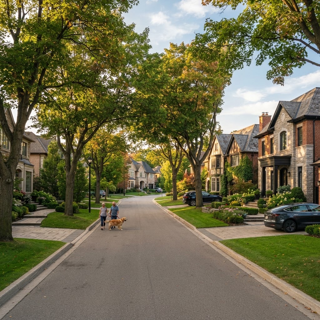 Upscale established residential neighbourhood in Oakville Ontario with large manicured homes and mature trees — representing the affluent, discerning market where research-driven buyers evaluate businesses thoroughly before choosing across Glen Abbey, Bronte, and Iroquois Ridge