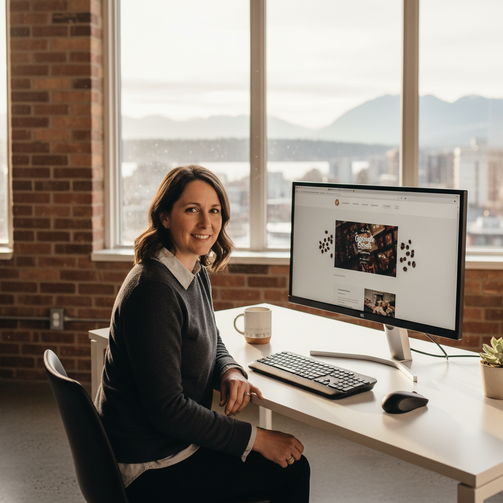 Vancouver business owner reviewing a new high-performance website design in a modern Yaletown office — conversion-focused web design by Burden Marketing