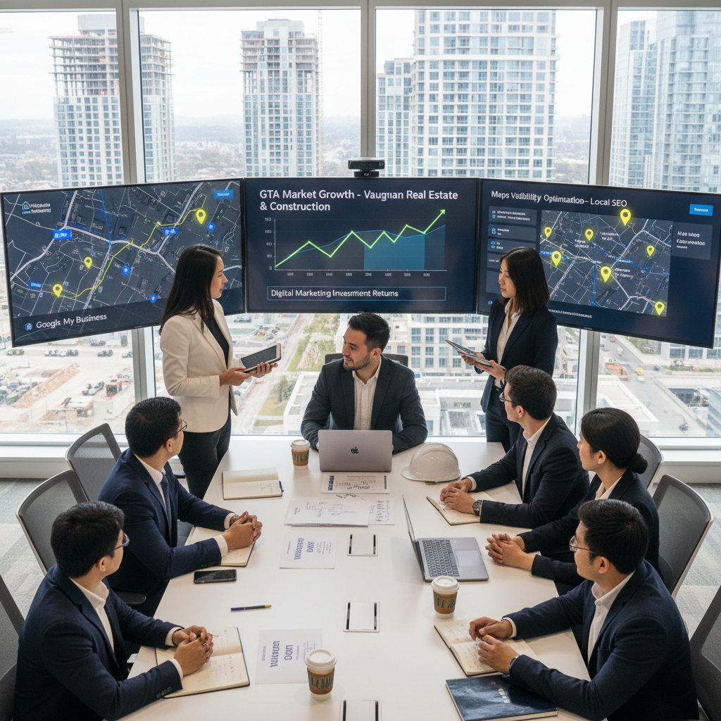 vaughan-ontario-digital-marketing-growth-maps-optimization-strategy.webp Vaughan Ontario real estate agents and contractors reviewing GTA growth marketing strategy, Maps visibility optimization analytics on screens, diverse team