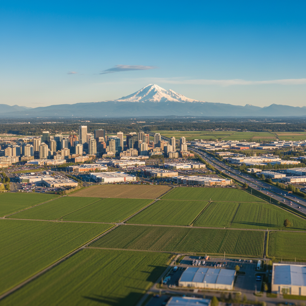 seo-abbotsford-fraser-valley-farmland-mount-baker-local-seo.webp SEO Abbotsford Fraser Valley farmland with Mount Baker visible and the city skyline rising behind agricultural fields — representing BC's largest geographic city where agriculture, manufacturing, and service businesses compete for local and regional search visibility