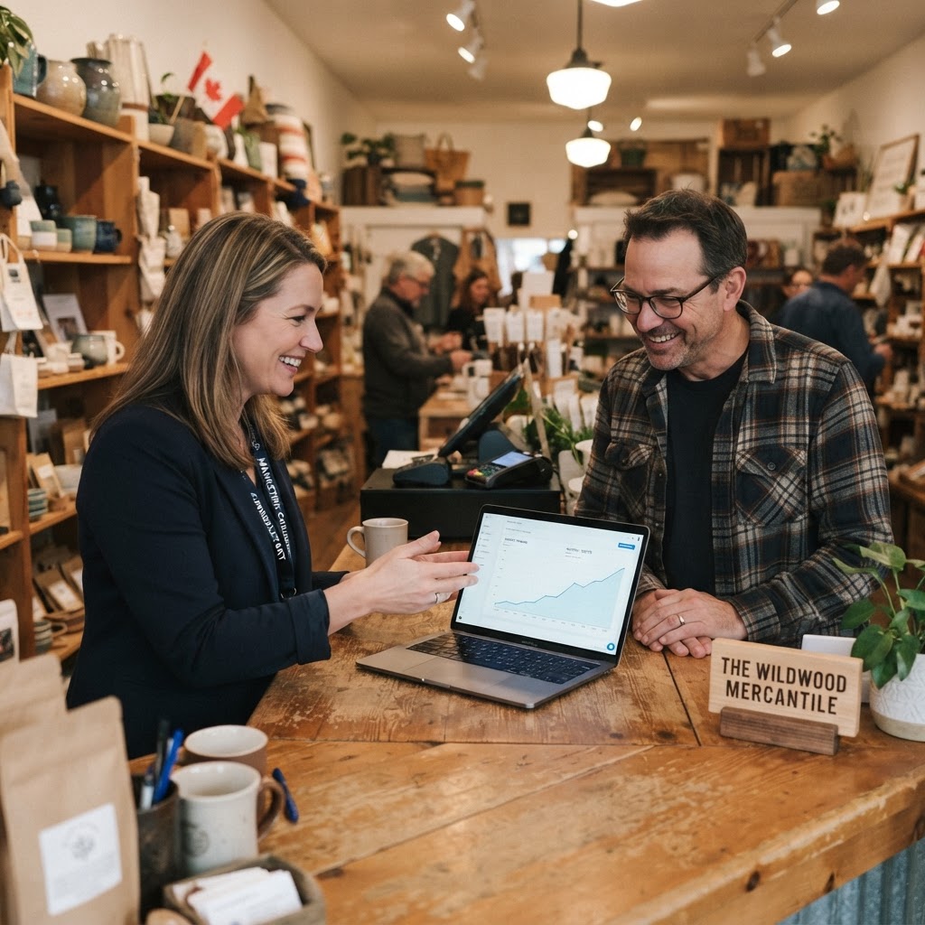 Marketing consultant showing rising local search rankings on a laptop to a Canadian shop owner at the shop counter — location content and local SEO strategy built around real neighbourhoods