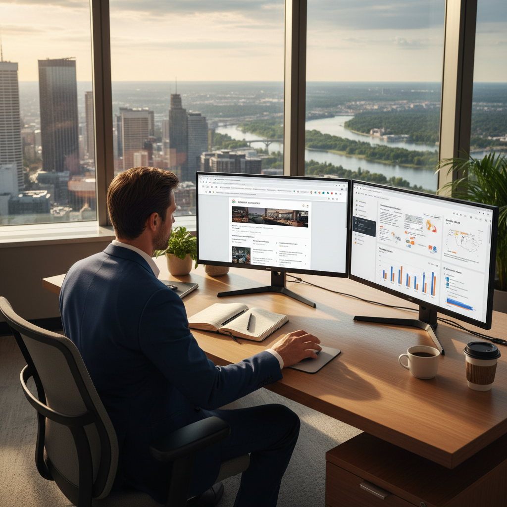 edmonton-seo-services-company.webp Edmonton Alberta business professional reviewing search rankings — Burden Marketing provides Edmonton SEO services for trades, industrial suppliers and local service businesses