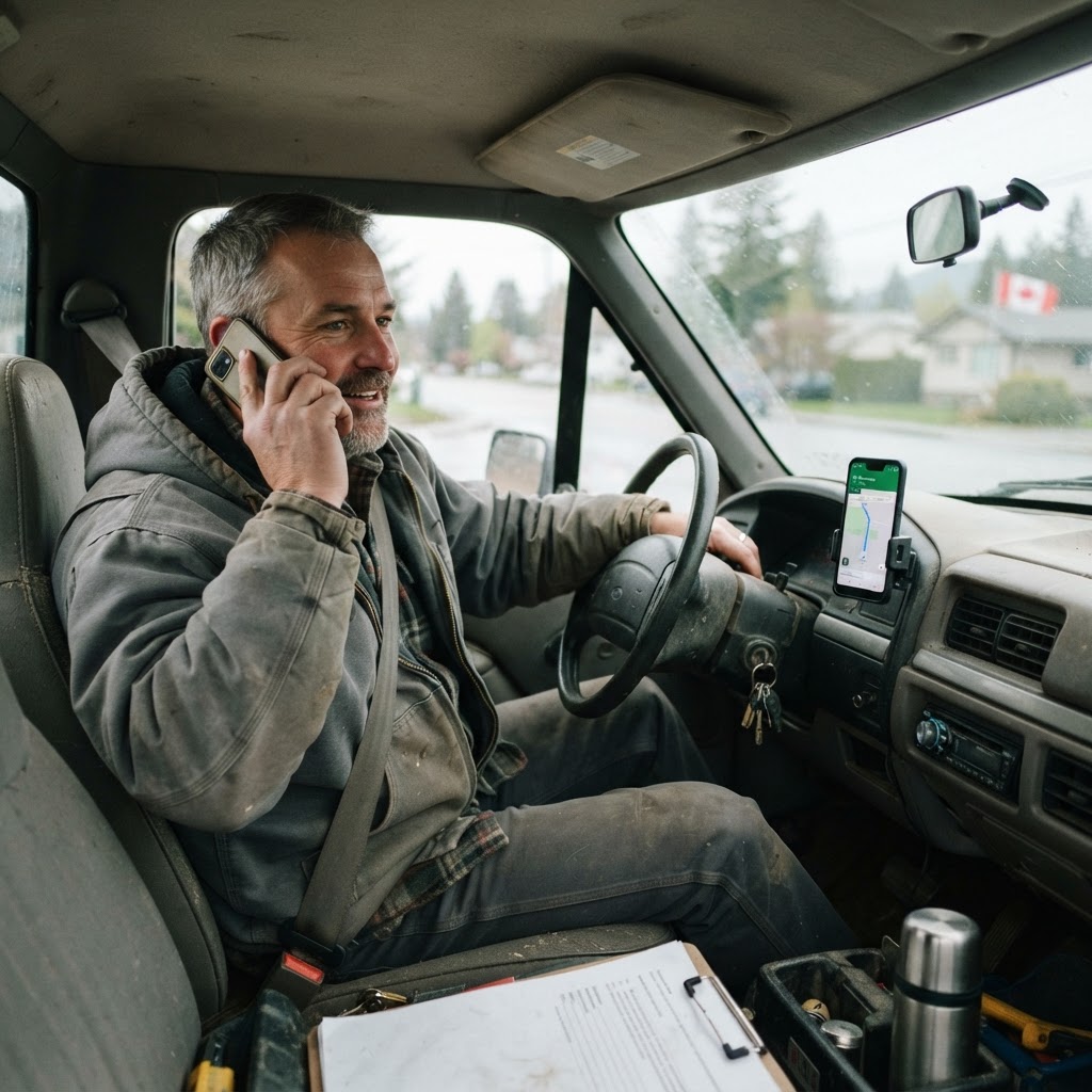 Contractor inside his truck cab taking a customer call with a navigation map on the dashboard phone mount — the inbound call a strong Google Maps ranking generates for a service business
