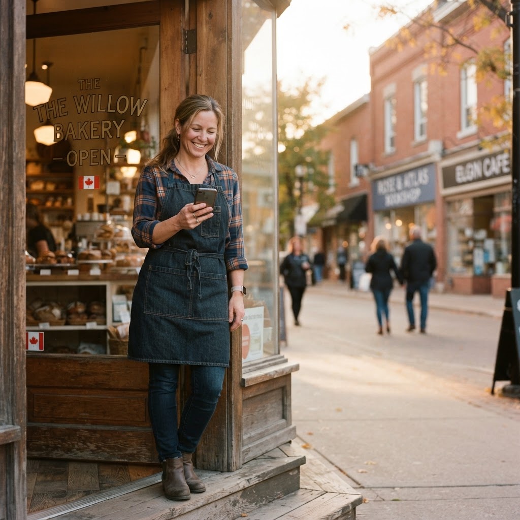 Canadian small-business owner standing in her bakery doorway at golden hour, checking her phone — the everyday moment local SEO wins when nearby customers search for a business like hers