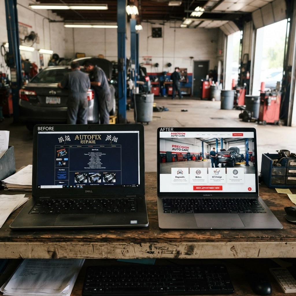 Before and after example of a professionally designed auto repair website in Brampton