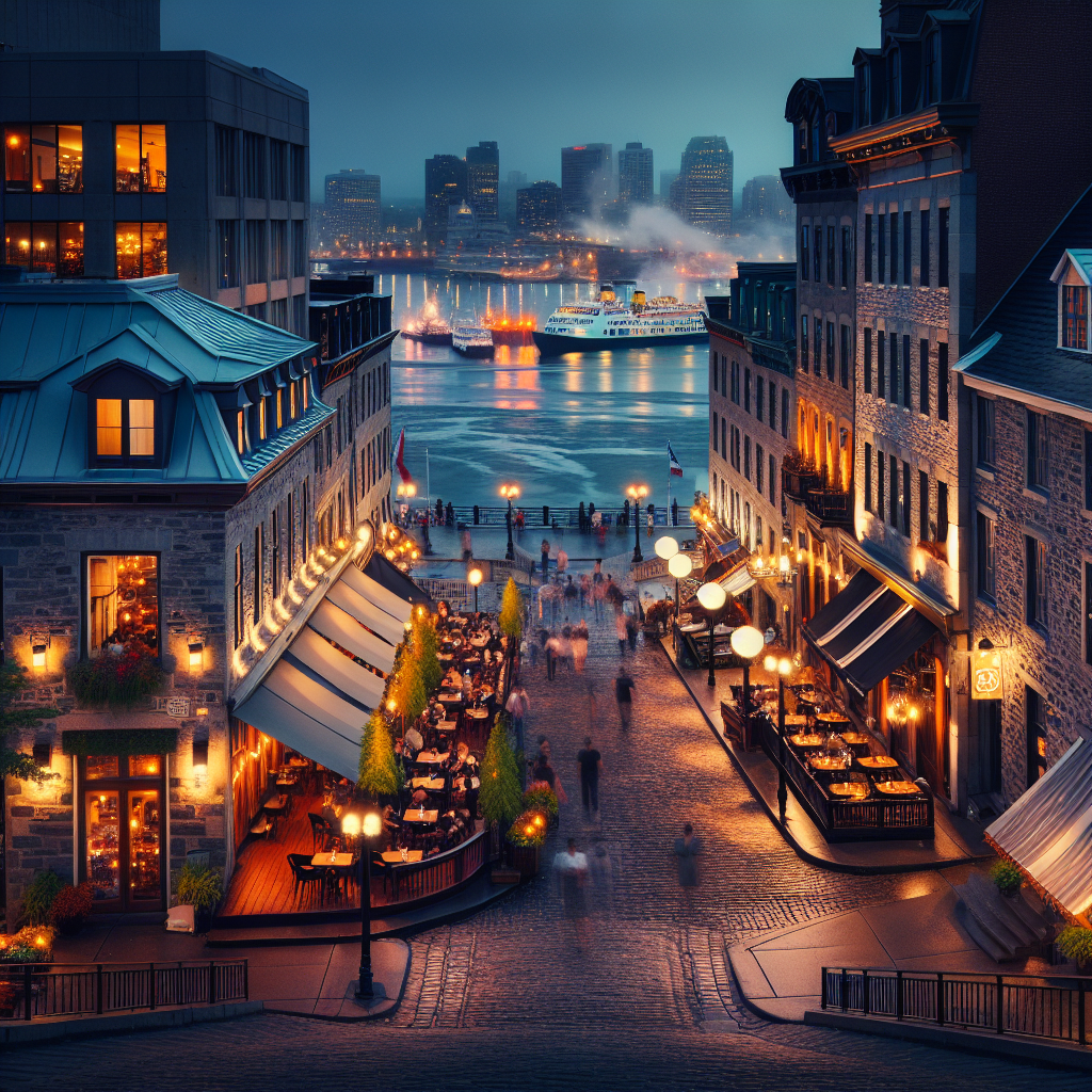 SEO Montréal Old Port waterfront at twilight with cobblestone bistro streets and the Saint Lawrence River — representing the bilingual search market where French and English audiences require parallel SEO strategies
