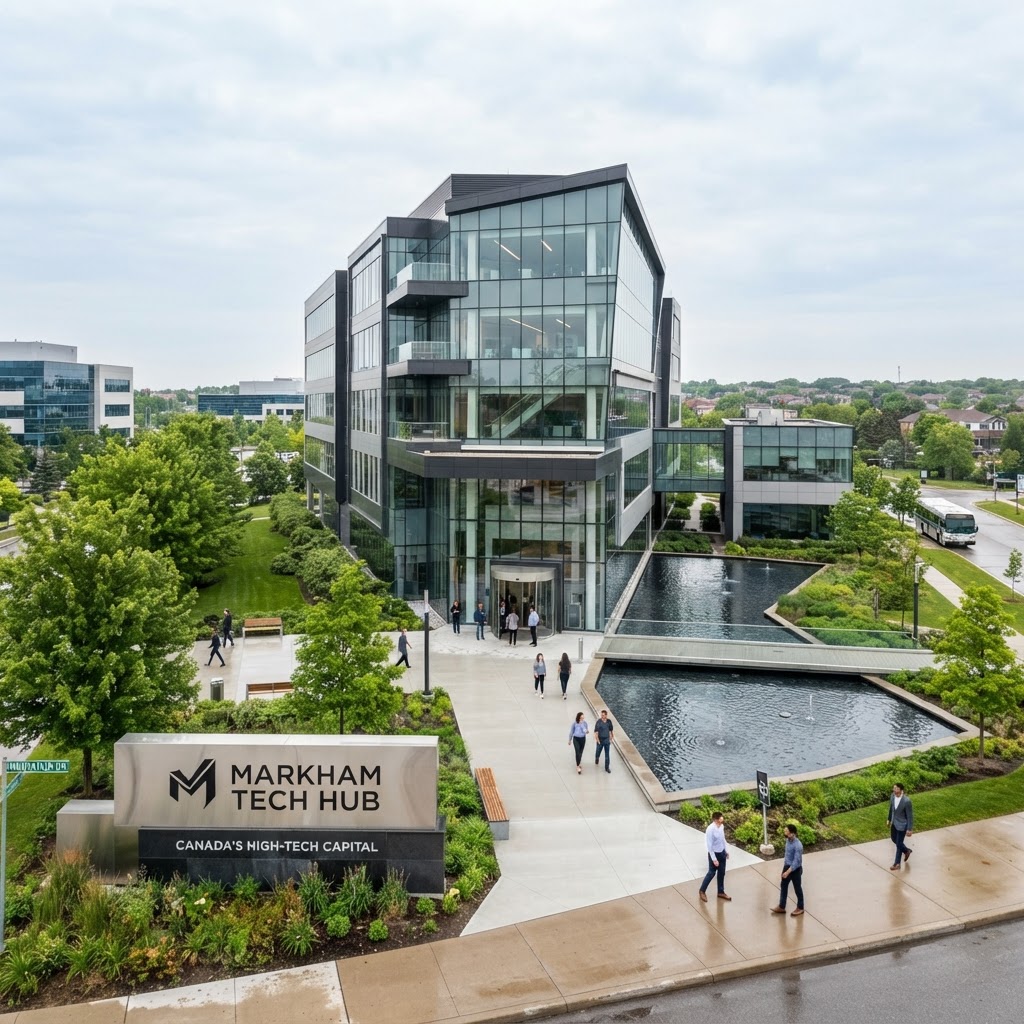 Modern corporate technology office campus in Markham Ontario with sleek glass architecture — representing Canada's high-tech capital where research-driven, tech-forward buyers evaluate businesses with extraordinary thoroughness across Google, Maps, and AI platforms