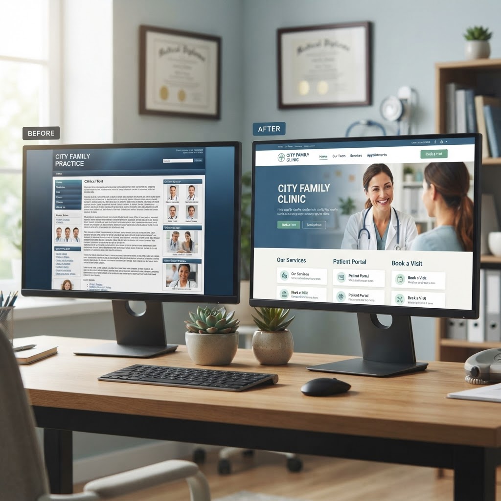 Before and after example of a professionally designed healthcare clinic website in London Ontario