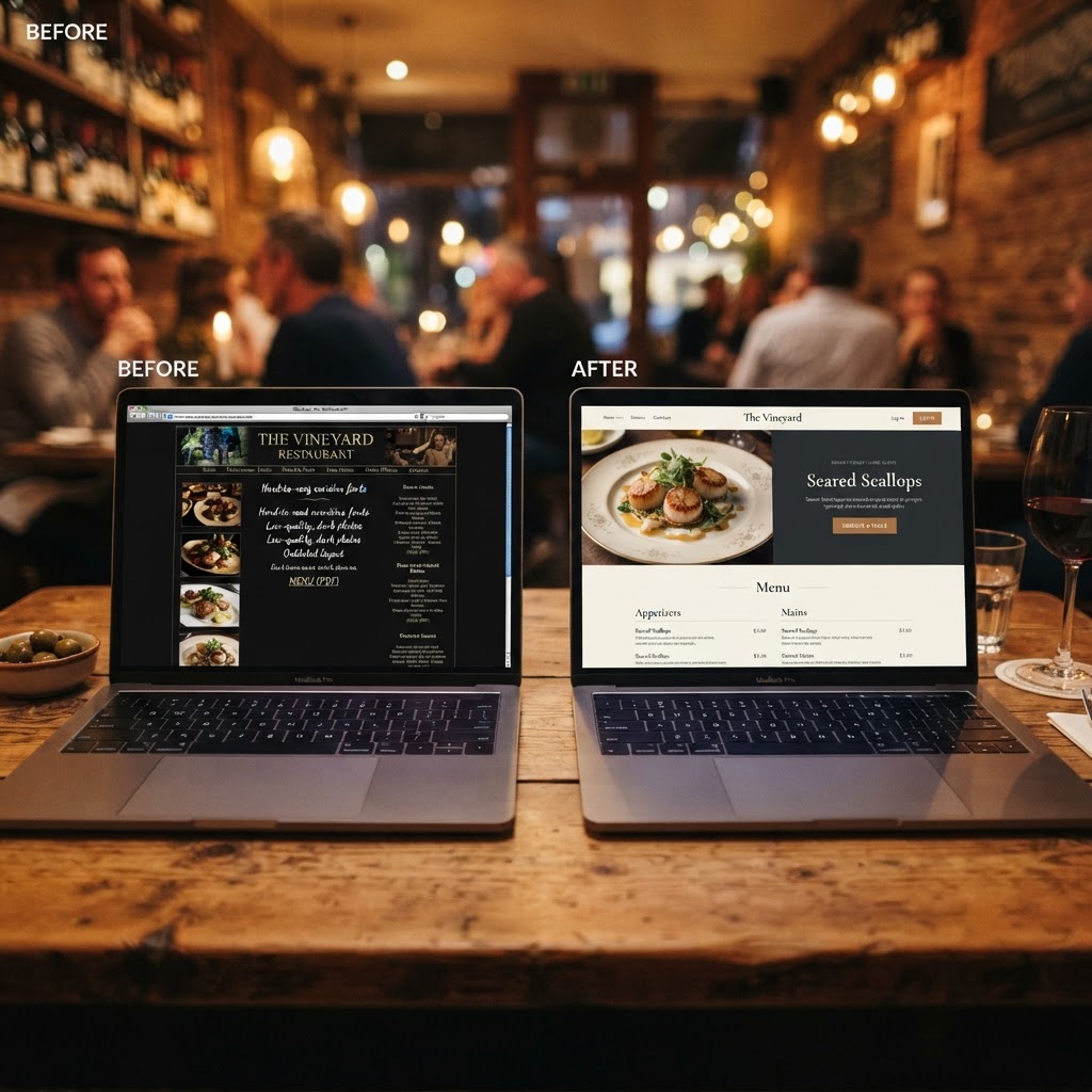 Before and after example of a professionally designed restaurant website in Hamilton