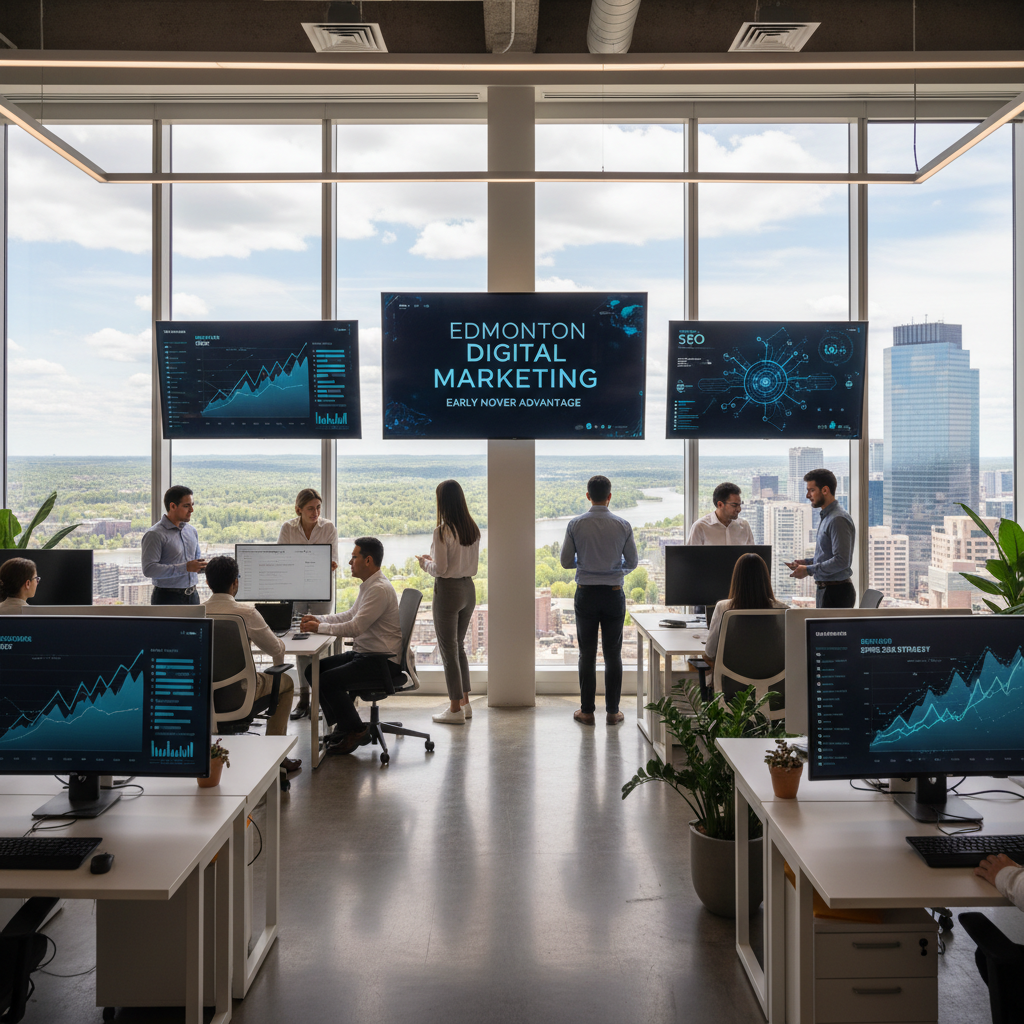 Edmonton SEO strategist reviewing early-mover advantage analytics and growth charts in modern office with city skyline, digital marketing strategy visualization