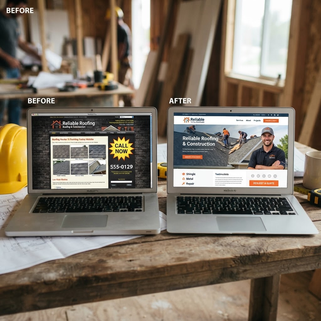 Before and after example of a professionally designed roofing company website in Surrey