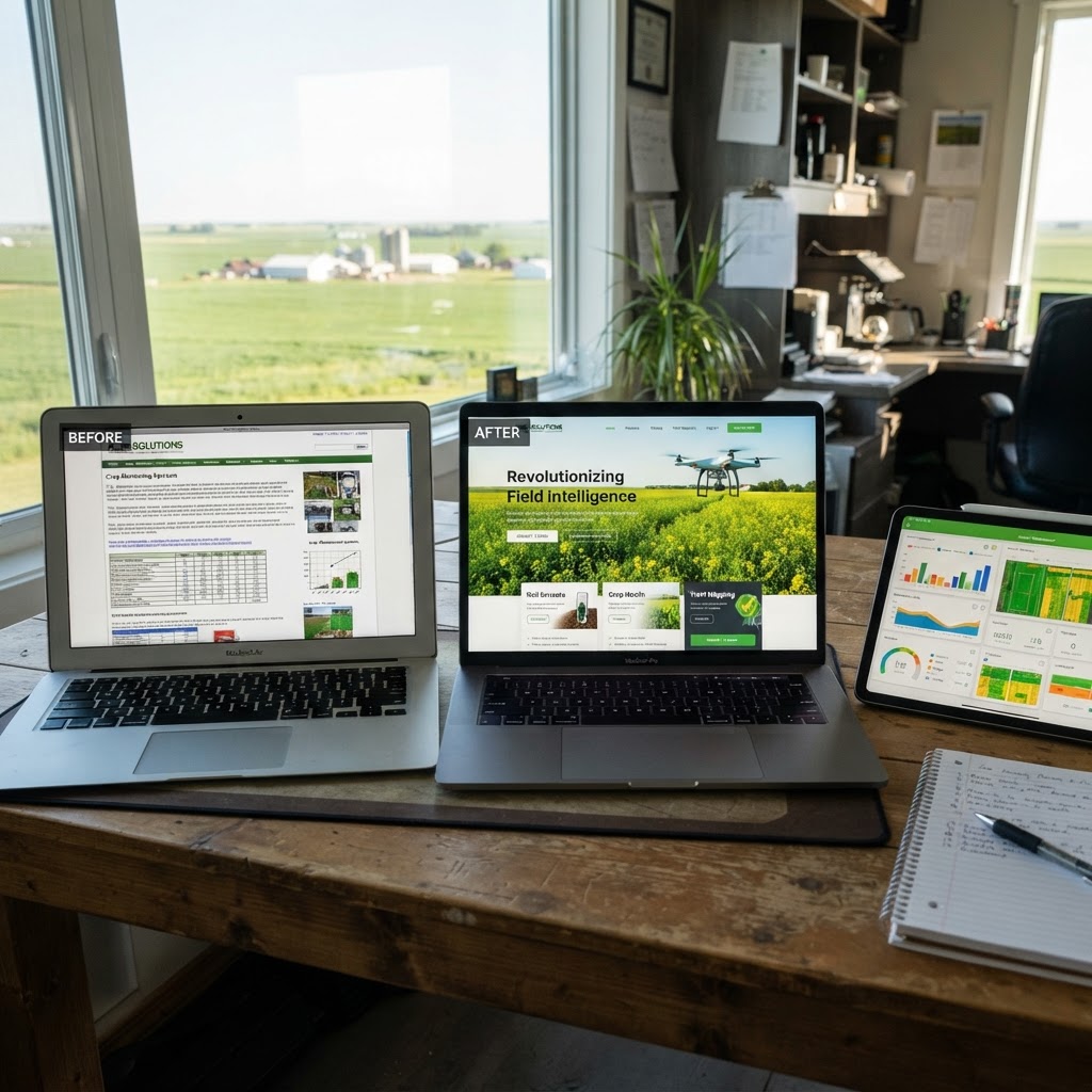 Before and after example of a professionally designed agri-tech company website in Saskatoon