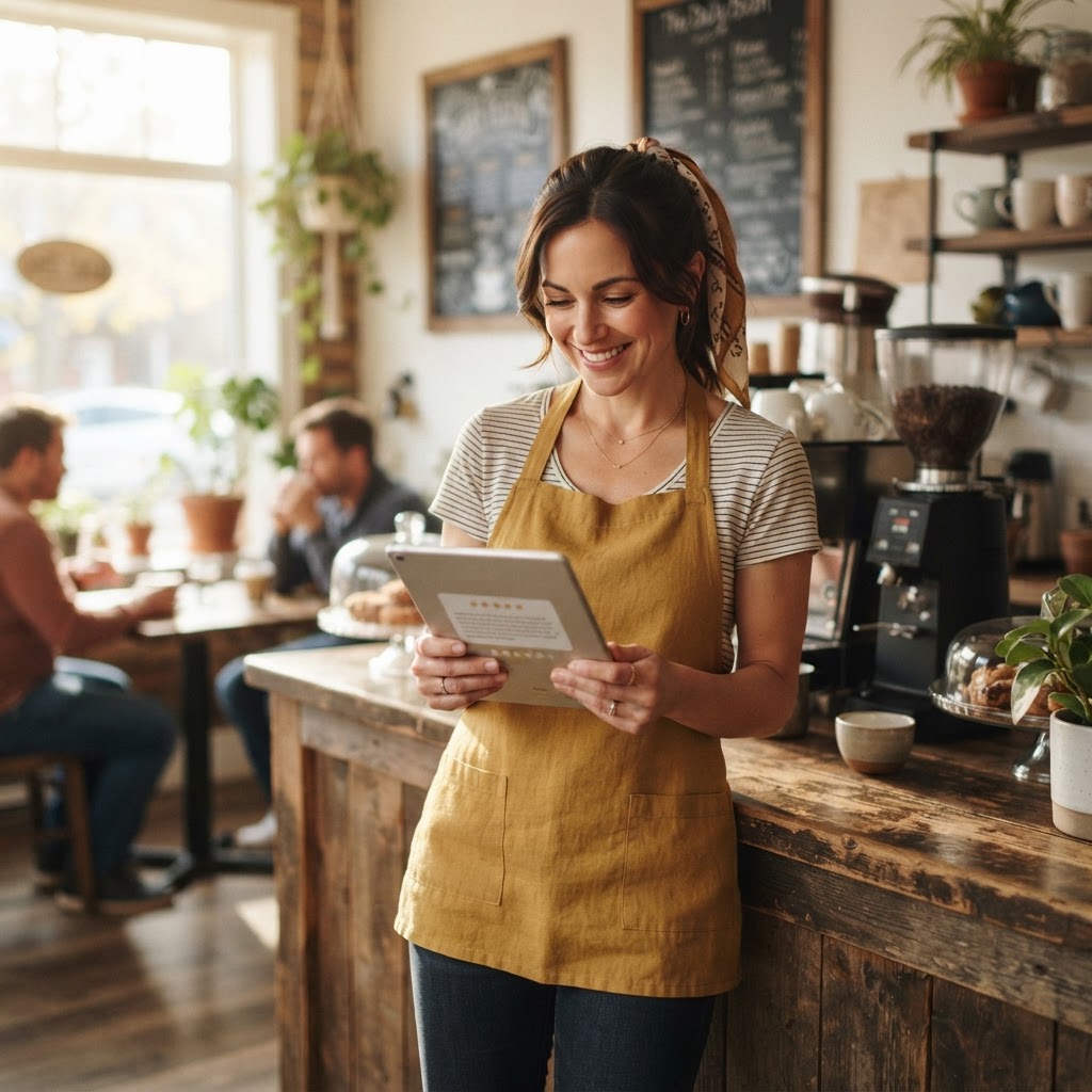Small business owner at her cafe counter reading a customer review on a tablet with a smile — review strategy that builds the prominence signal Google Maps rankings depend on
