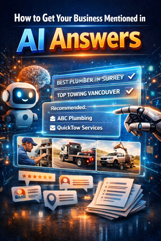 ai-answers-canada-business-mentioned-chatgpt-local-recommendations.webp How to get your business mentioned in AI answers — AI robot recommending local Canadian businesses like plumbers in Surrey and towing companies in Vancouver through ChatGPT and Google AI search with reviews, citations, and structured content driving visibility