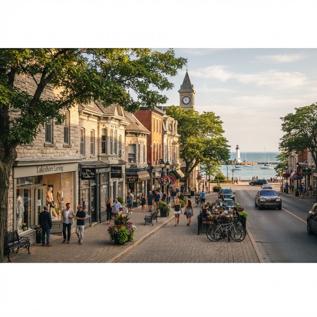 Oakville Ontario lakeside heritage downtown along Lakeshore Road with upscale boutique shops and Lake Ontario visible — representing an affluent community where research-driven buyers evaluate businesses thoroughly before choosing