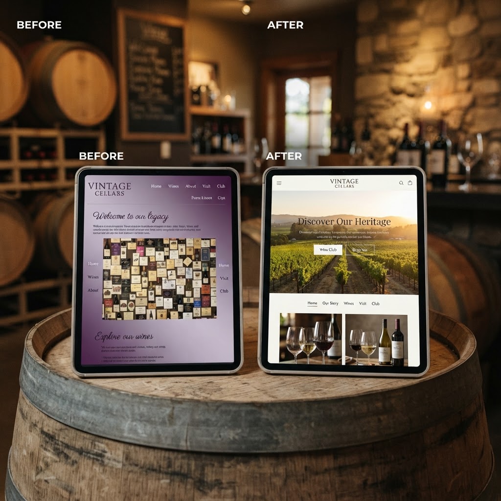 Before and after example of a professionally designed winery website in Kelowna