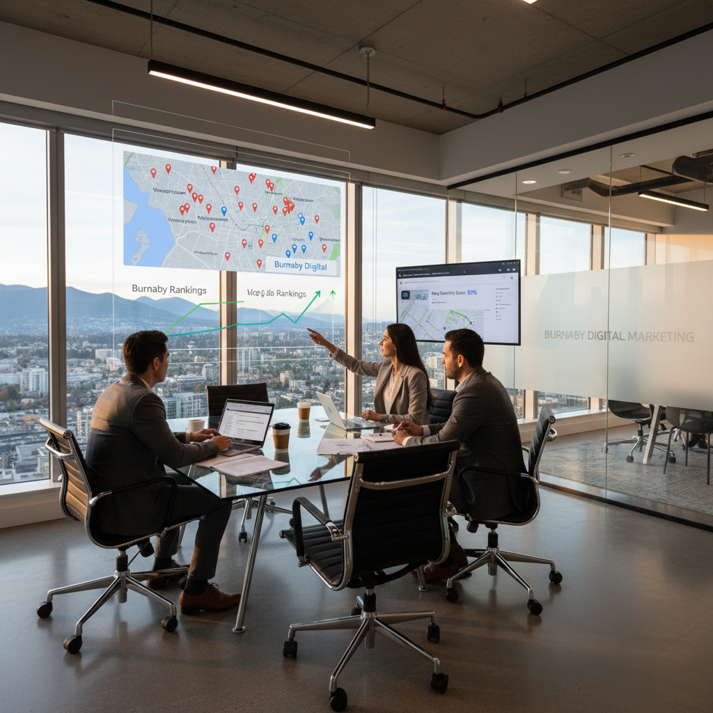 burnaby-metro-digital-marketing-maps-authority-strategy.webp Burnaby Metro Vancouver business competing against Vancouver agencies, reviewing Google rankings and Maps authority strategy with analytics displays on screens