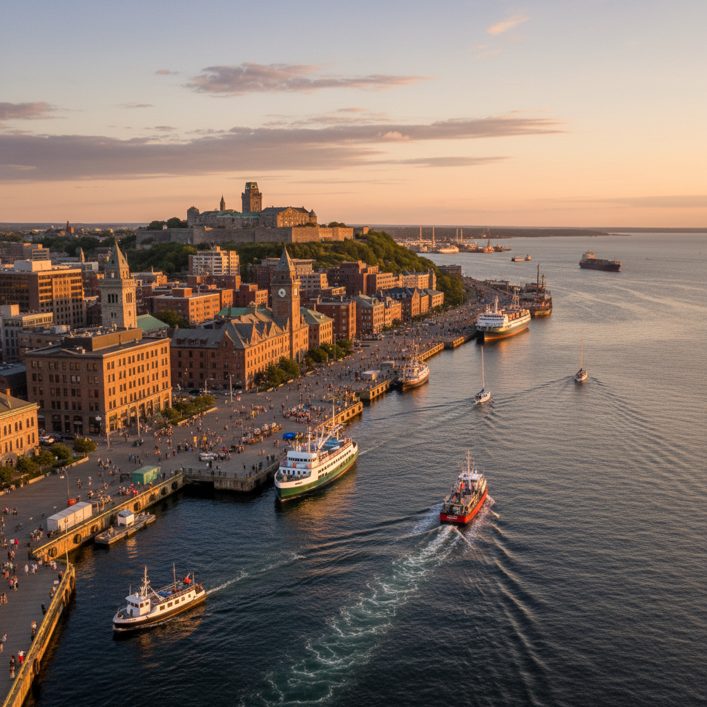 SEO Halifax harbour waterfront at dusk with the ferry terminal, container ships, and the city skyline — representing Atlantic Canada's economic hub where tourism, defence, and ocean industries create layered search demand