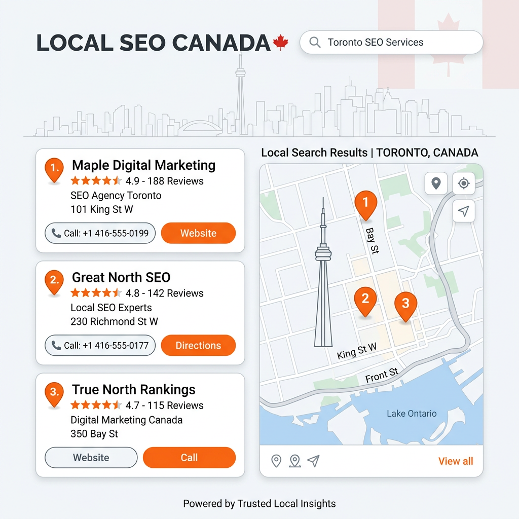 Stylized Canadian local Map Pack with three listing cards and pins, representing high-intent local search decisions