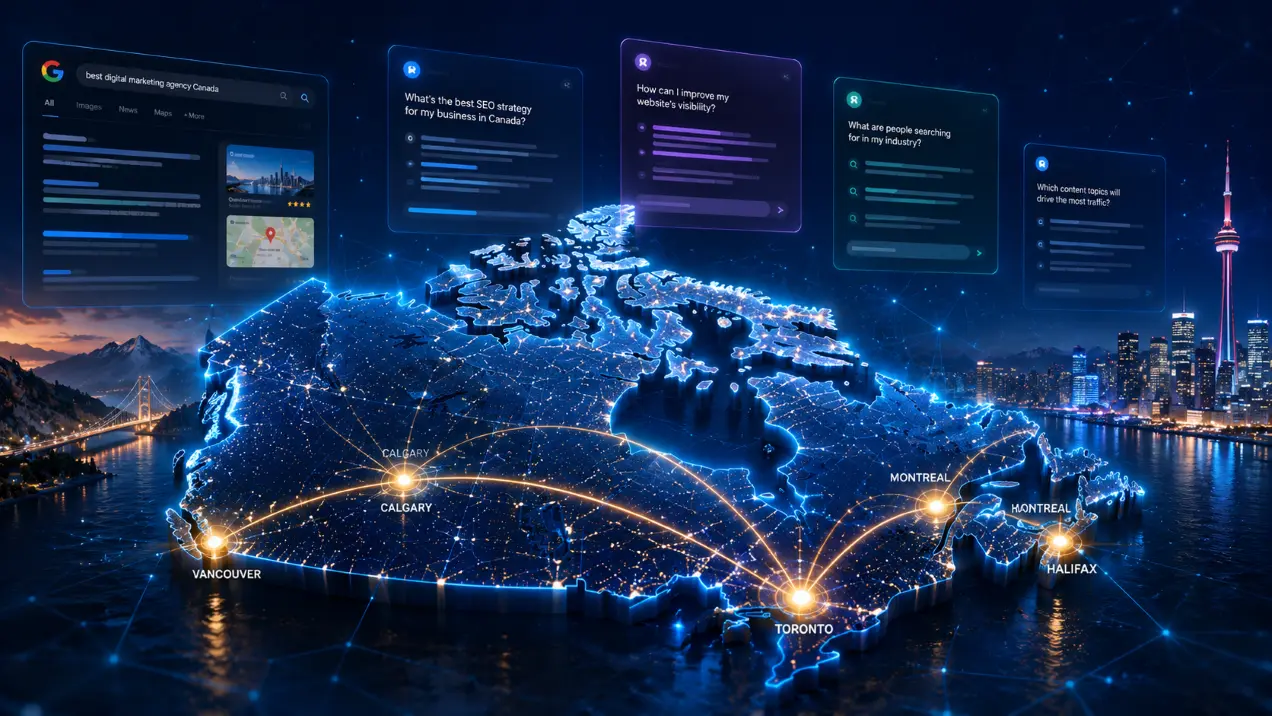 Digital map of Canada with glowing city connections from Vancouver to Halifax and AI search panels for ChatGPT and Google — Burden Marketing SEO company Canada