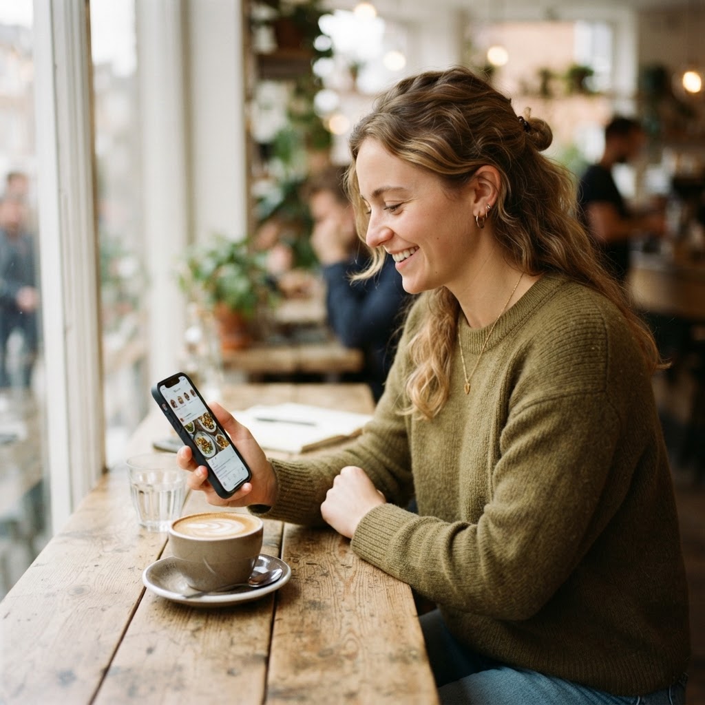 Woman in a bright cafe receiving a helpful recommendation on her smartphone AI assistant, coffee cup on the table — the everyday AI-assisted purchase decision GEO and AEO are built to influence