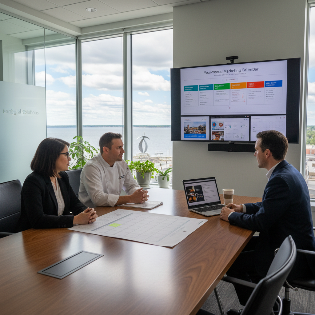 barrie-ontario-seasonal-digital-marketing-year-round-strategy.webp Barrie Ontario seasonal business owners reviewing year-round digital marketing strategy with seasonal calendar, Barrie waterfront visible, Google Maps visibility optimization