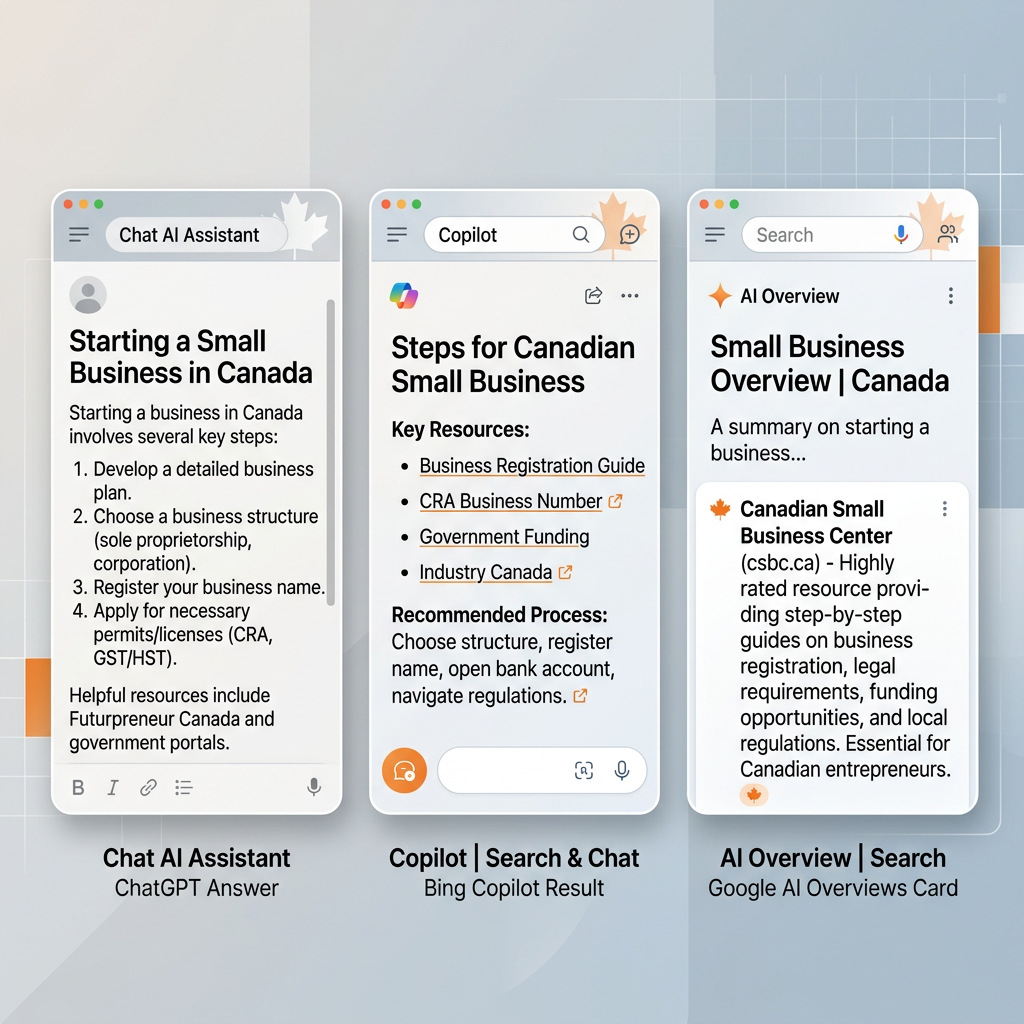 Side-by-side mock interfaces of ChatGPT, Bing Copilot, and Google AI Overviews summarizing business recommendations for a Canadian user
