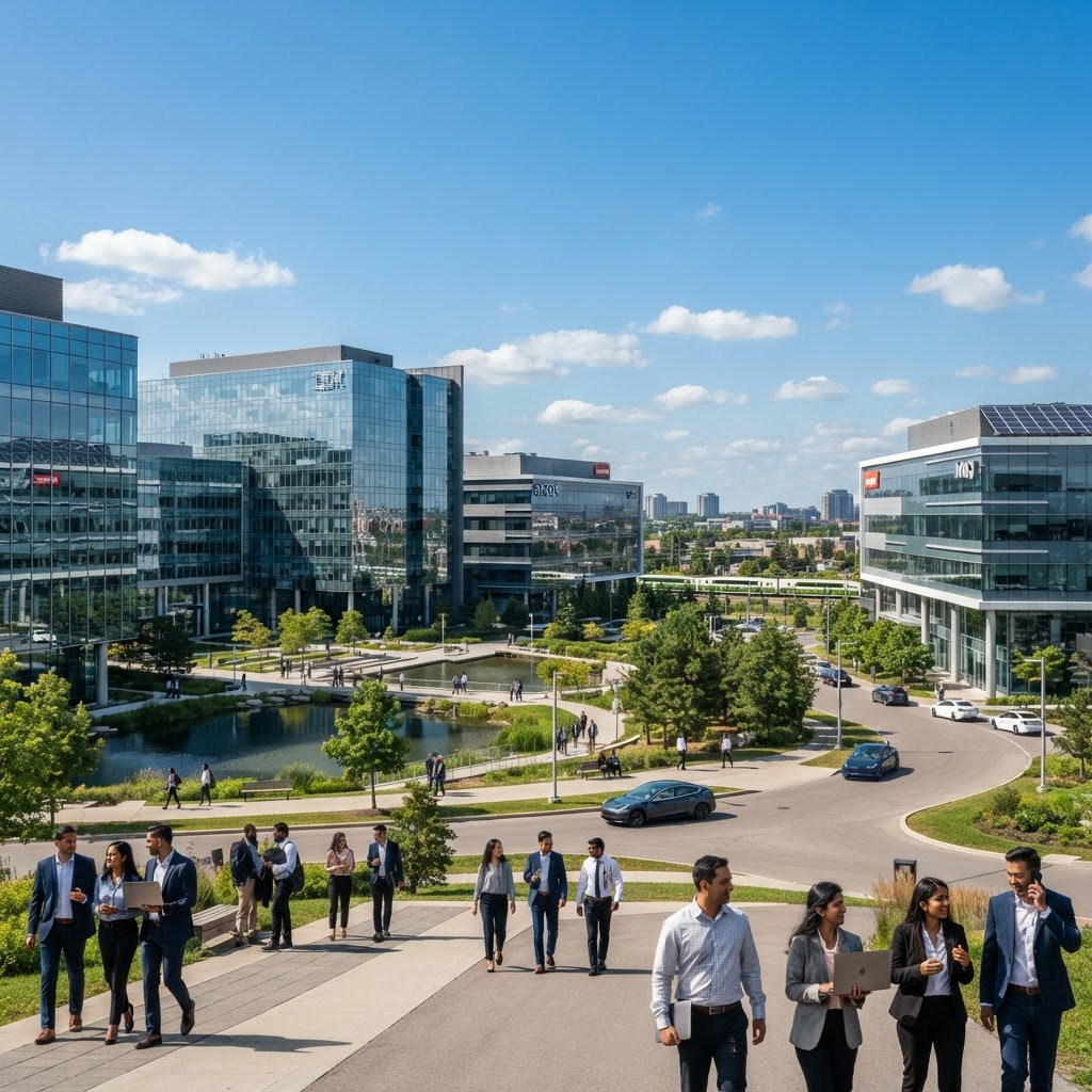 Markham Ontario high-tech corporate campus district with modern glass office buildings — representing Canada's high-tech capital where a research-driven, tech-forward population evaluates businesses with extraordinary thoroughness before making contact