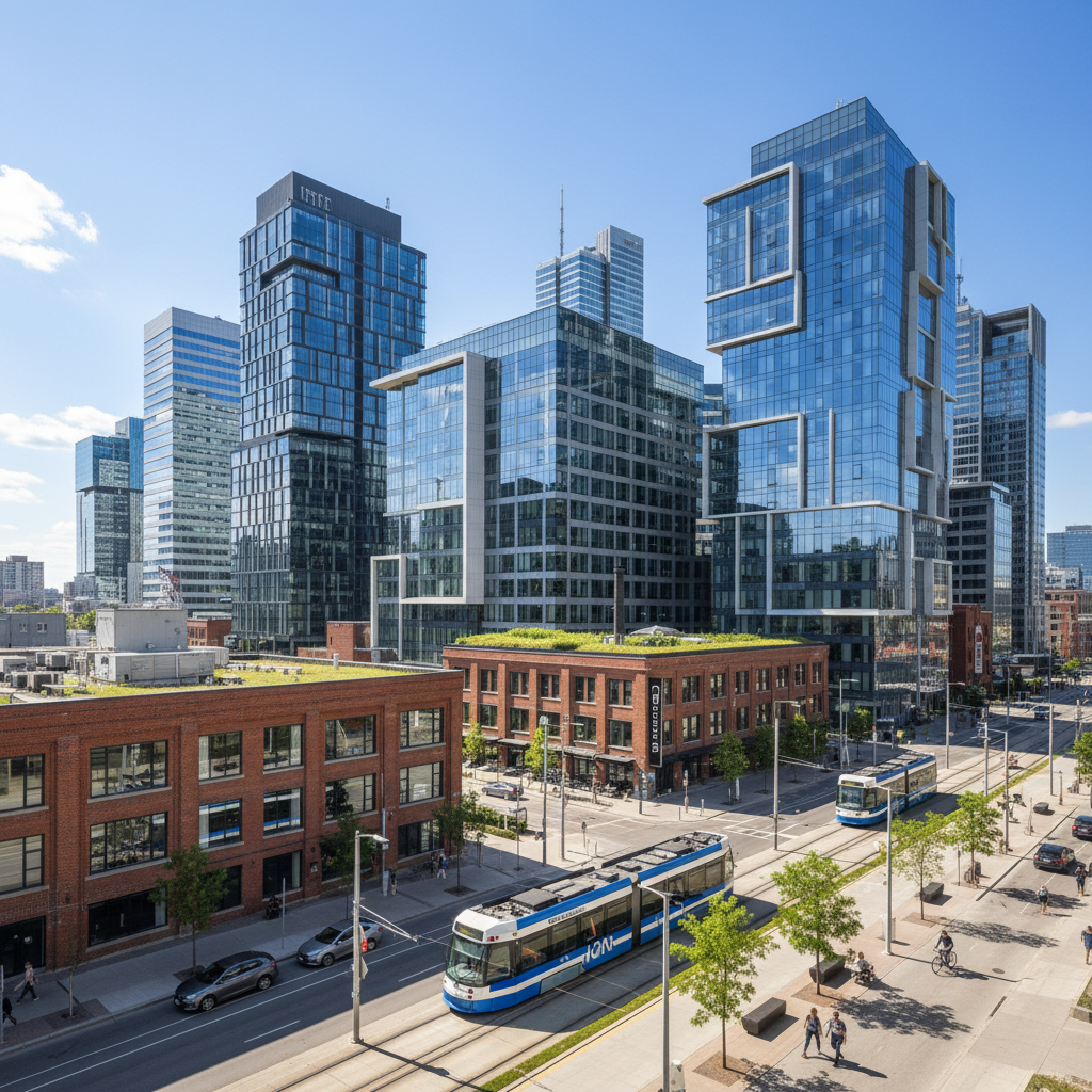 Digital marketing services for Kitchener businesses — Innovation District with tech offices and LRT streetcar