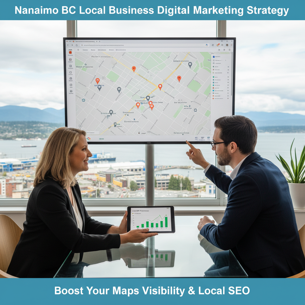 Nanaimo BC local business digital marketing strategy with service owner reviewing Maps visibility and local SEO, waterfront cityscape visible