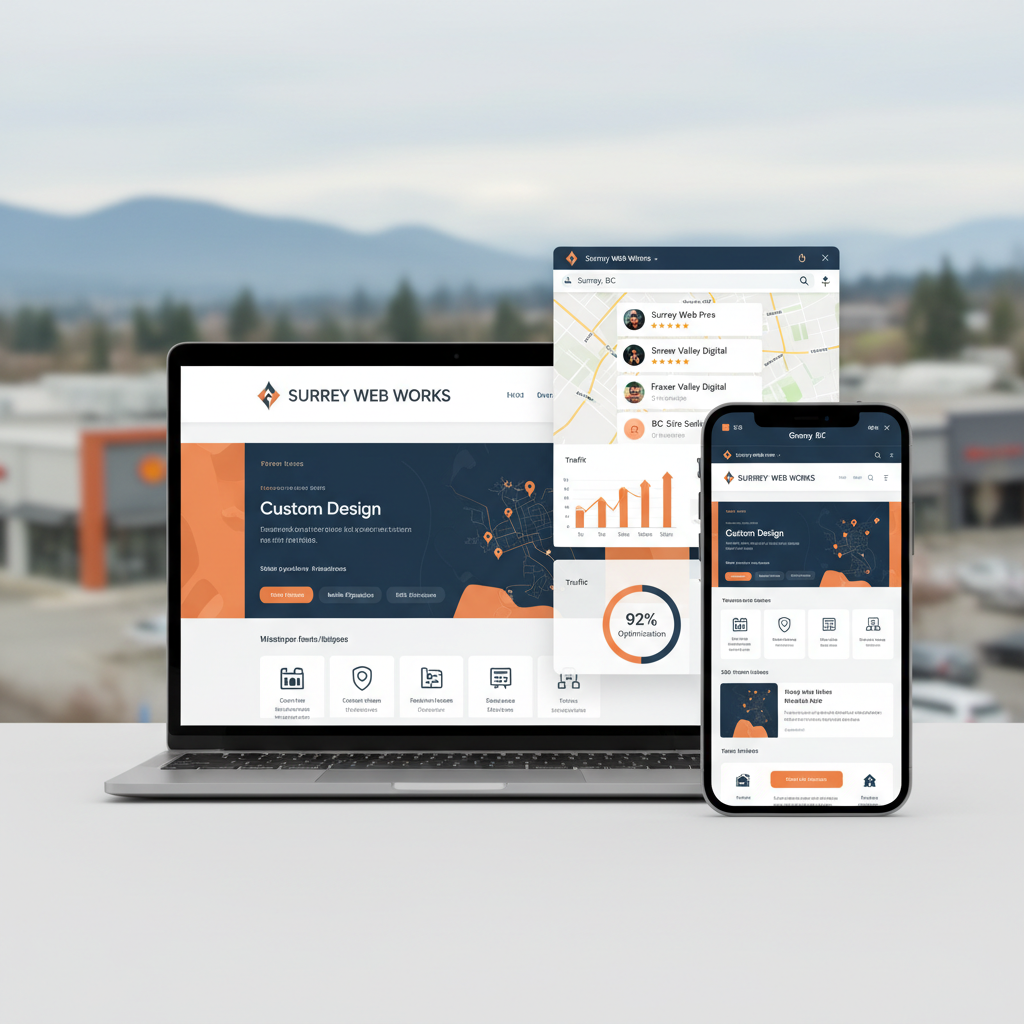 Modern website design services in Surrey showing responsive layout, local business branding, and SEO-ready structure